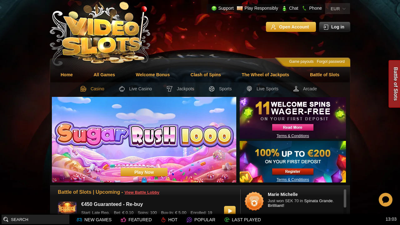 Videoslots official website screenshot